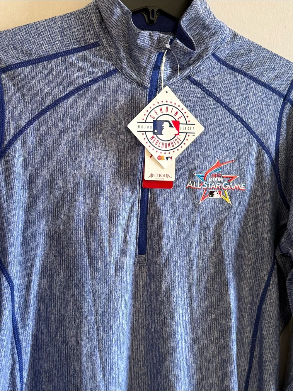 Antigua Blue Heather Quarter-Zip Pullover Miami MLB All-Star Logo Mens Size XL